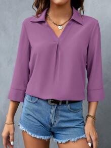 SHEIN LUNE Blusa casual, elegante y de color liso con cuello en V y manga larga para mujer - Morado - Ver 5