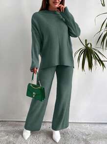 EURMUSE 2pcs Women's Solid Color Long Sleeve Casual Sweater And Pants Set - Mint Green - View 4
