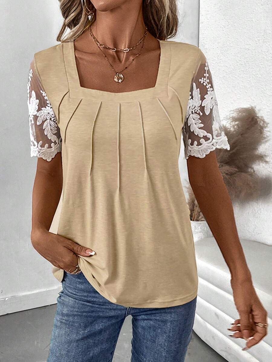 SHEIN LUNE Women Square Neck Ruffle Lace Trim Short Sleeve T-Shirt - Apricot - View 1