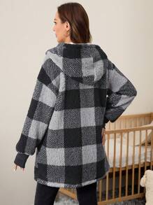 SHEIN Maternity Buffalo Plaid Pattern Drop Shoulder Hooded Teddy, Hooded Teddy Coat, For Winter - Black and White - View 2