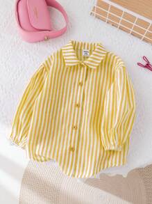 SHEIN LMoss Kids Chemise à manches longues rayée, mignonne et polyvalente pour bébé fille, pour l'extérieur et les vacances