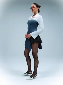 SHEIN Unity 正面纽扣条纹拼接不对称褶饰芭铎式连衣裙 - 灰色 - 查看 3