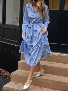 Aveloria Rosie Floral & Striped Print Long Sleeve Shirt Dress For Casual Wear, Autumn Vacation Outfits Woman  Fall Cloth For Women - Blue - View 7