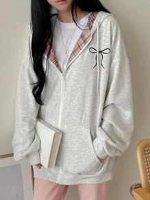 DAZY Women's Loose Plaid Patchwork Lined Hoodie Sweatshirt,Fall Women Clothes Jacket Zip Up - Grey - View 5
