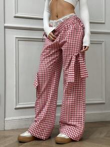 SHEIN EZwear 秋冬休闲腰带细节黑色宽松直筒裤 - 黑色 - 查看 1