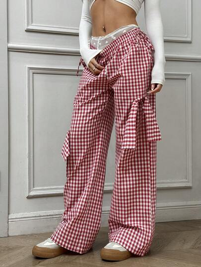 SHEIN EZwear بنطال كاجوال خريف/شتاء بتفاصيل حزام الخصر بنمط مربعات أحمر وأبيض فضفاض بساق مستقيمة من التسعينيات Y2K للاستخدام اليومي والخروج والكلية