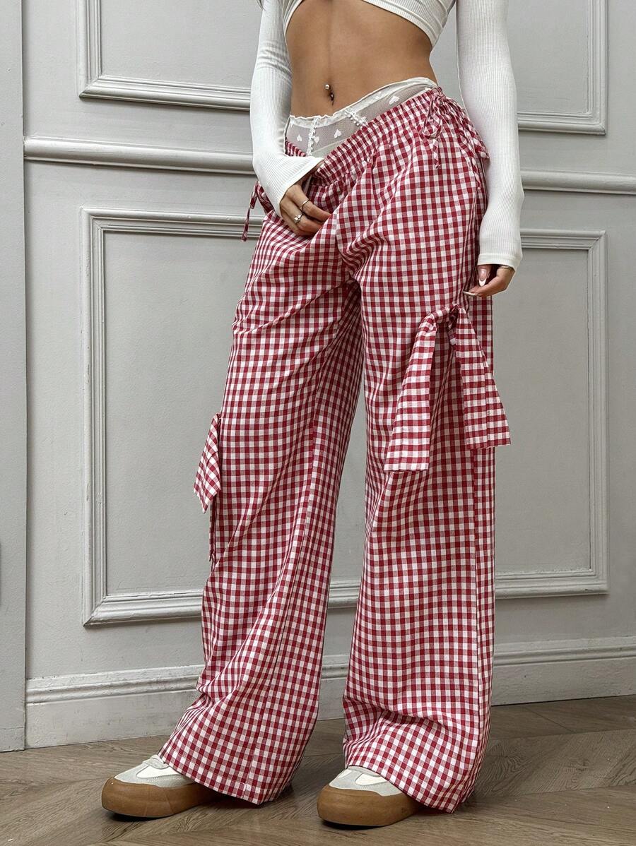 SHEIN EZwear 秋冬休闲腰带细节黑色宽松直筒裤 - 黑色 - 查看 1