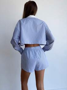 Aloruh Camicia a maniche corte casual da vacanza a righe blu e bianca per donne