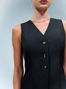 SHEIN Unity V Neck Button Front Longline Wasitcoat - Black - View 7