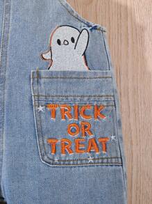 Kleinkind Lässig & Niedlich Halloween Kürbis Stickerei Gewascheney Denim Latzhose
