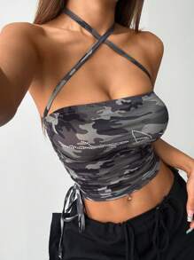 SHEIN Unity Women's Summer Camo Rhinestone Embellished Crisscross Halter Neck Tank Top - Multicolor - View 3