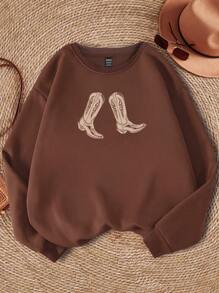 Attitoon Áo nỉ dài tay cổ tròn in hình bốt cao bồi đơn giản, thoải mái dành cho nữ - Cà phê nâu - Xem 3