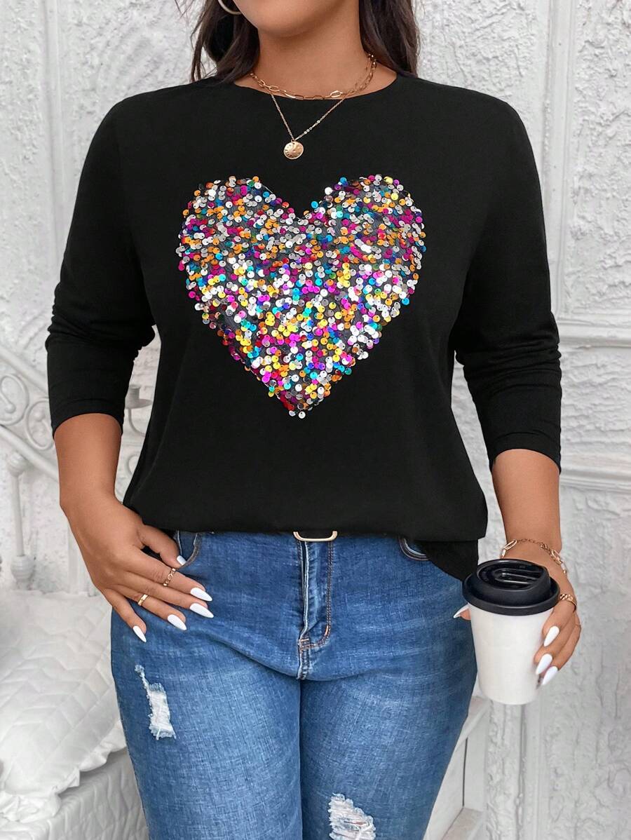EMERY ROSE Plus Size Casual T-Shirt With Sequin Heart Decor, Spring & Autumn Winter Clothes - Black - View 1