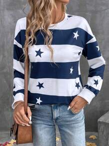 EMERY ROSE Women Crew Neck Long Sleeve Striped Star Print Sweatshirt,Navy And White,Summer,Casual,Holiday,School,Independence Day Pullover Fall Graduation Tops - Multicolor - View 5