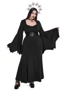 Whyspr Goth Punk Plus Size Women's Gothic Punk Style High Neck Ruched Flare Sleeve Mermaid Halloween Dress Maxi Goth Women Outfit - Black - View 3
