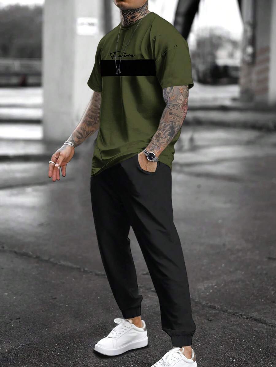 EURMUSE Men's Casual Contrast Color Patchwork Print T-Shirt And Pants Set, Summer - Army Green - View 1