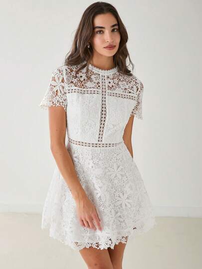 Enchnt Autumn Romantic Women's White Floral Embroidery Lace Round Neck Short Sleeve Cropped Elegant Dress,Fall Women Dress