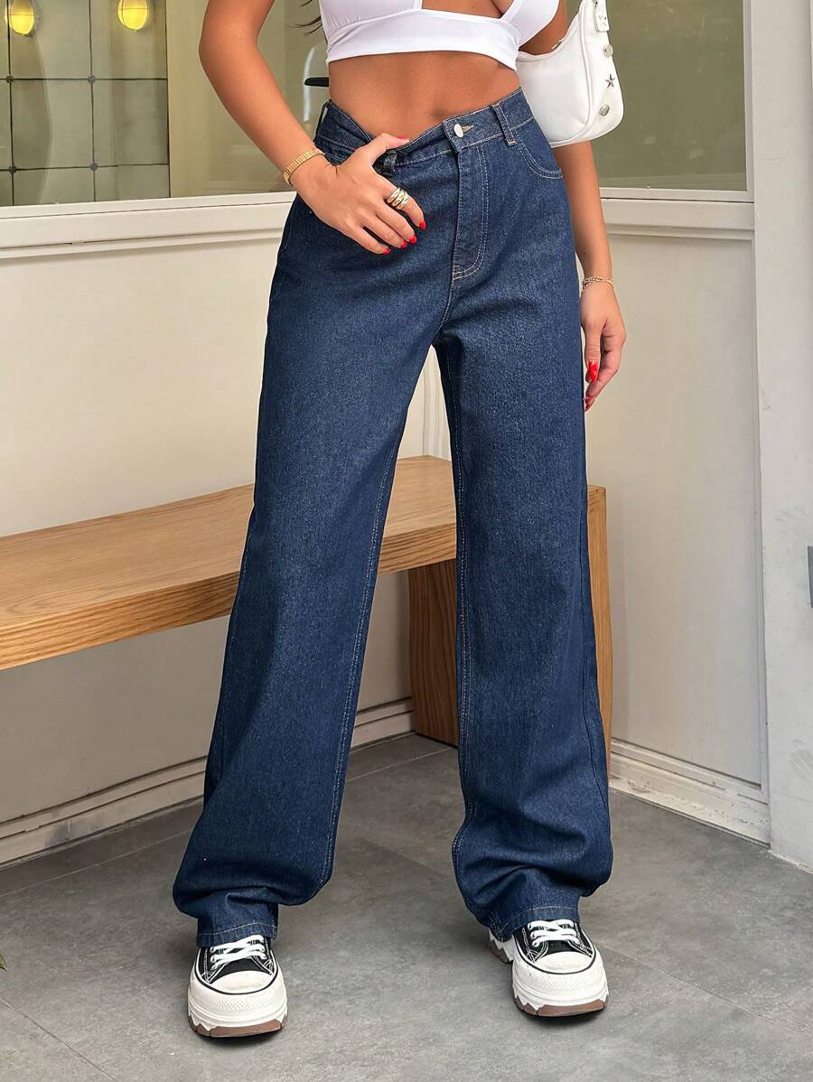 RueChic 100% 纯棉女式直筒高腰牛仔裤 - 中等水洗藍 - 查看 1