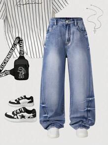 Teenager Jungen Vintage Denim mit Leoparden Muster und Abnutzungen, Relaxed Fit Allround Lässig Schul Denim Hose
