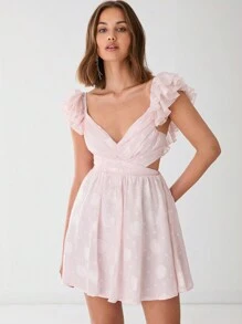 Enchnt 女士甜心领褶皱蕾丝镂空短款连衣裙 - 粉色 - 查看 8