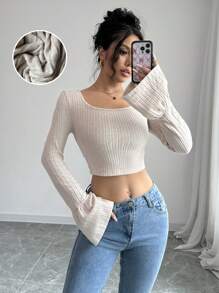 Calvaya Camiseta de mangas acampanadas con bajo vivo y unicolor para mujer, primavera y verano