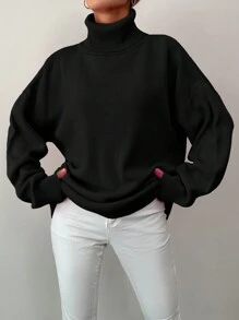 EURMUSE 女士休闲纯色高领宽松毛衣，秋冬 - 黑色 - 查看 4
