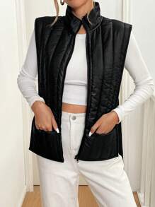 SHEIN Essnce 女士纯色拉链领休闲背心夹克，冬季 - 黑色 - 查看 5