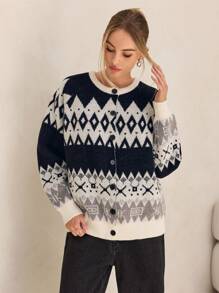 Forever 21 New Arrival Round Neck Open Front Fair Isle Pattern Loose Casual Warm Sweater Jacket For Autumn And Winter Renaissance Vintage Halloween Christmas Homecoming Winter Women Coat Homecoming Game Day Work Birthday Shop - Multicolor - View 3