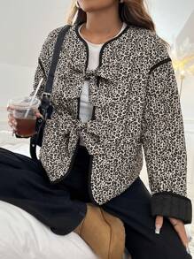 SHEIN EZwear Áo khoác nữ tay dài thắt nơ họa tiết da báo hở trước thời trang thu đông - màu nâu - Xem 3