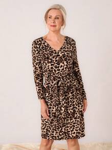 SHEIN LUNE Váy dài vừa phải họa tiết da báo thời trang dành cho nữ, mùa thu - Nhiều màu - Xem 3