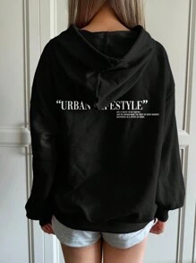 SHEIN 少女休闲“都市生活”标语印花连帽卫衣，加厚长袖卫衣，适合秋冬季穿着 - 黑色 - 查看 4