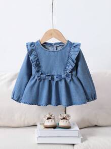 SHEIN Infant Girls' Blue Denim Cute Bowknot Ruffled Collar Blouse - Medium Wash - View 1