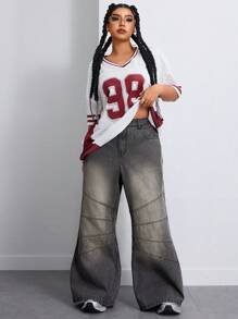 SHEIN ICON Jeans droits en denim gris déchiré grande taille pour femmes