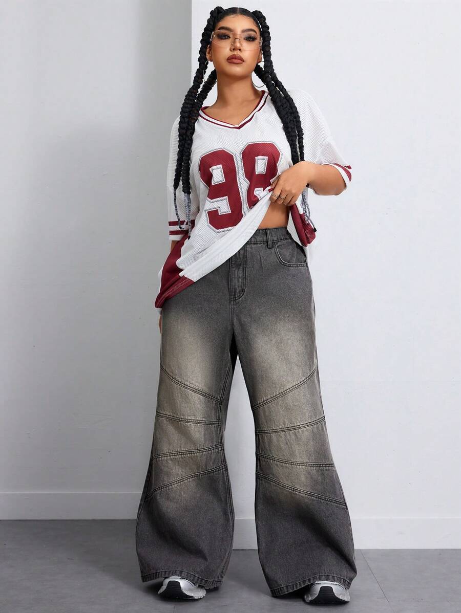 SHEIN ICON Jeans droits en denim gris déchiré grande taille pour femmes