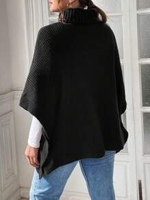 SHEIN Essnce 女士大码羊毛斗篷、套头衫、高领羊毛上衣、冬季女装、毛衣秋季毛衣 - 黑色 - 查看 2