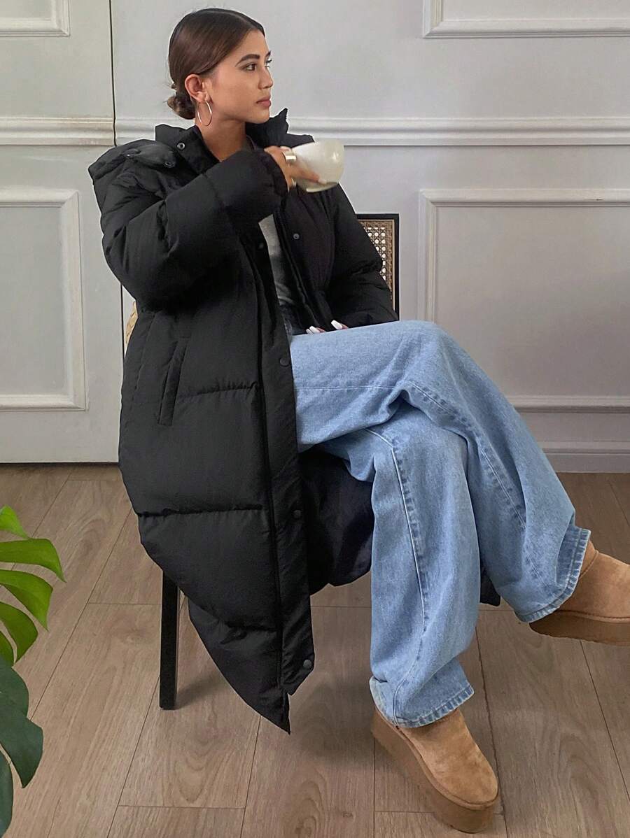 Livesso Women's Loose Fit Hooded Zipper Long Sleeve Padded Coat, Winter Clothes, Winter Women Clothes, Padded Coat Women - Black - View 1