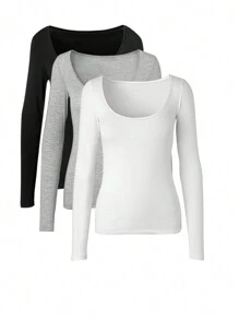 INAWLY Women's Solid Color Crew Neck Long Sleeve Casual T-Shirt For Spring And Summer