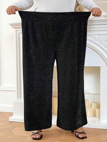 SHEIN CURVE+ Pantalones de fiesta elegantes con aplicaciones de lentejuelas para mujeres de tallas grandes - Negro - Ver 7