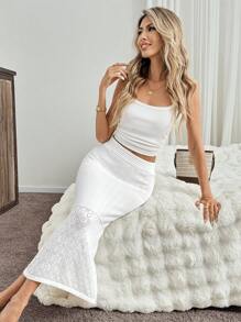 SHEIN LUNE 白色中长款休闲法式家庭聚会鱼尾裙+女士毛衣，秋冬 - 白色 - 查看 1