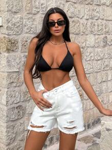 EURMUSE White Mini Short Heavy Destroy With Elastic Band Backside - White - View 1