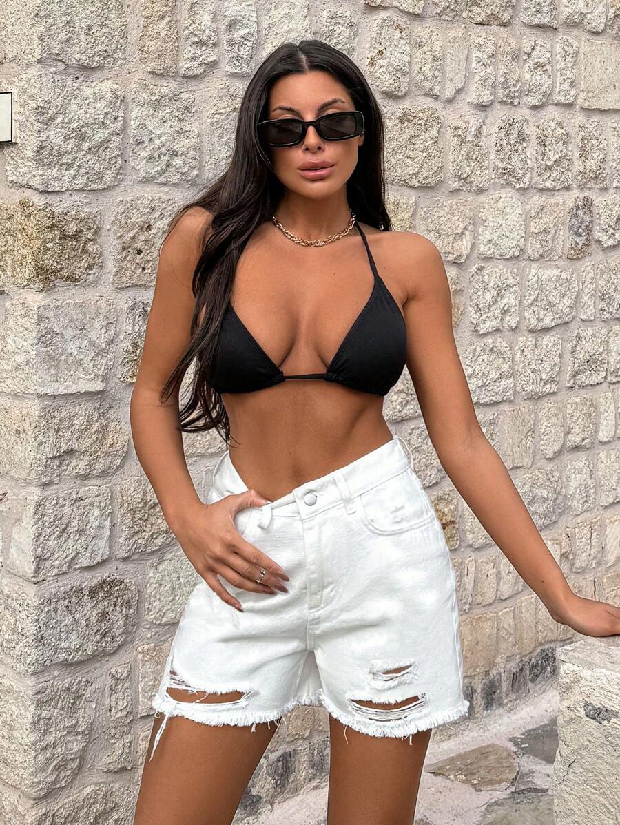 EURMUSE White Mini Short Heavy Destroy With Elastic Band Backside - White - View 1