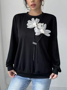 Chiquease 女士休闲圆领玫瑰 3D 花卉珍珠钻石缀饰长袖运动衫 - 黑色 - 查看 6