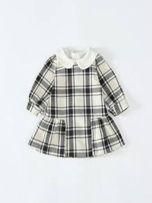 SHEIN 女婴格纹针织彼得潘领休闲优雅连衣裙，秋冬 - 黑與白 - 查看 3
