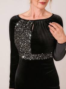 SHEIN LUNE Women's Crew Neck Long Sleeve Sequins Elegant Fitted Dress