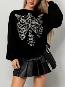 SHEIN ICON Casual Skeleton Print Long Sleeve Crew Neck Sweatshirt - Black - View 3