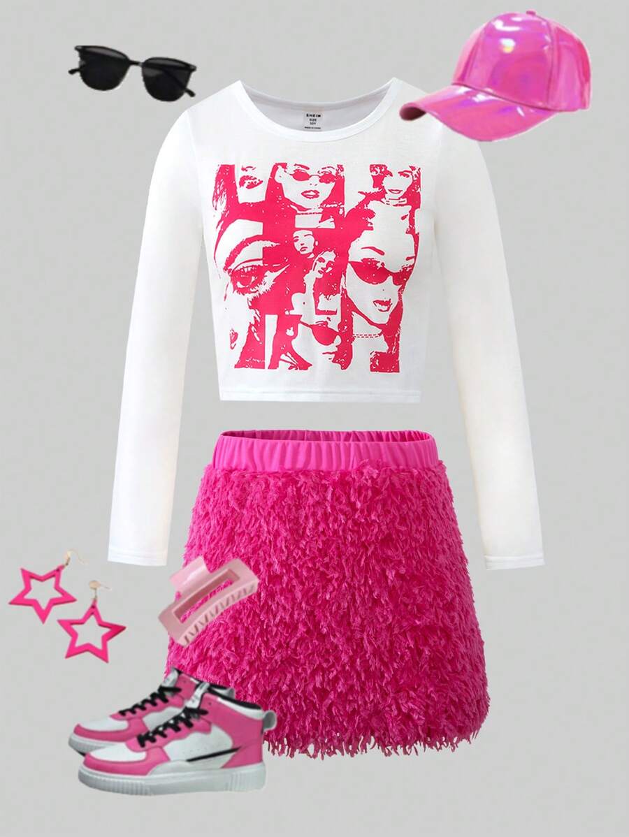 SHEIN Explorewe Set Busana Anak Perempuan Remaja: Kaos Lengan Panjang Kerah Bulat Bergambar Kartun dan Rok Mini Mengembang, Musim Semi dan Gugur - Hot Pink - View 1