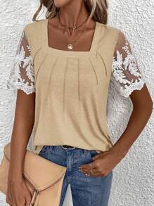 SHEIN LUNE Women Square Neck Ruffle Lace Trim Short Sleeve T-Shirt - Apricot - View 4