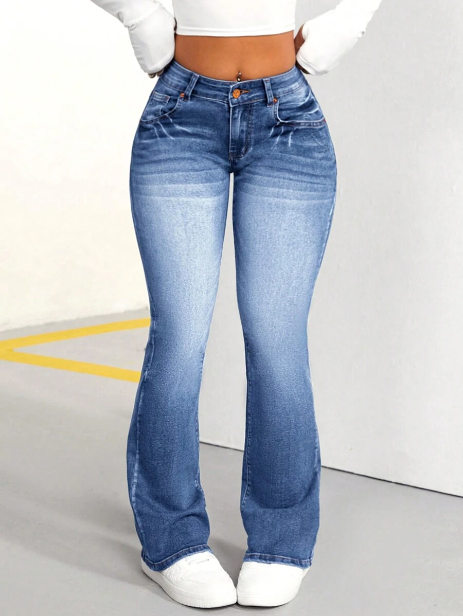 SHEIN PETITE Quần Jeans Denim Ôm Vừa Vặn Thường Ngày Cho Nữ - Rửa trung bình - Xem 1