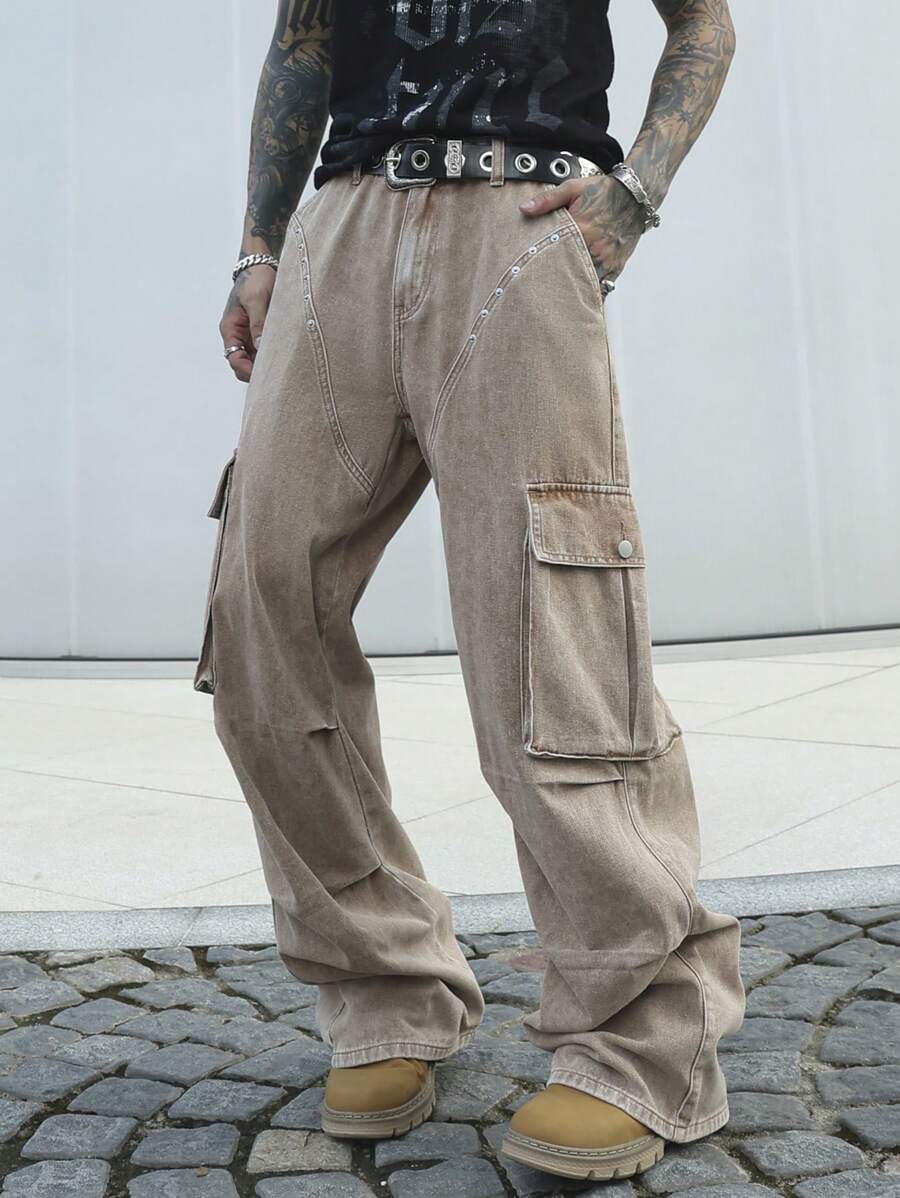 Manfinity EMRG Quần Cargo Denim Giặt Thường Ngày Cho Nam - Màu Khaki - Xem 1