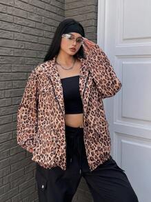 Flirla Plus Size Fashionable Leopard Print Jacket, Autumn - Brown - View 1